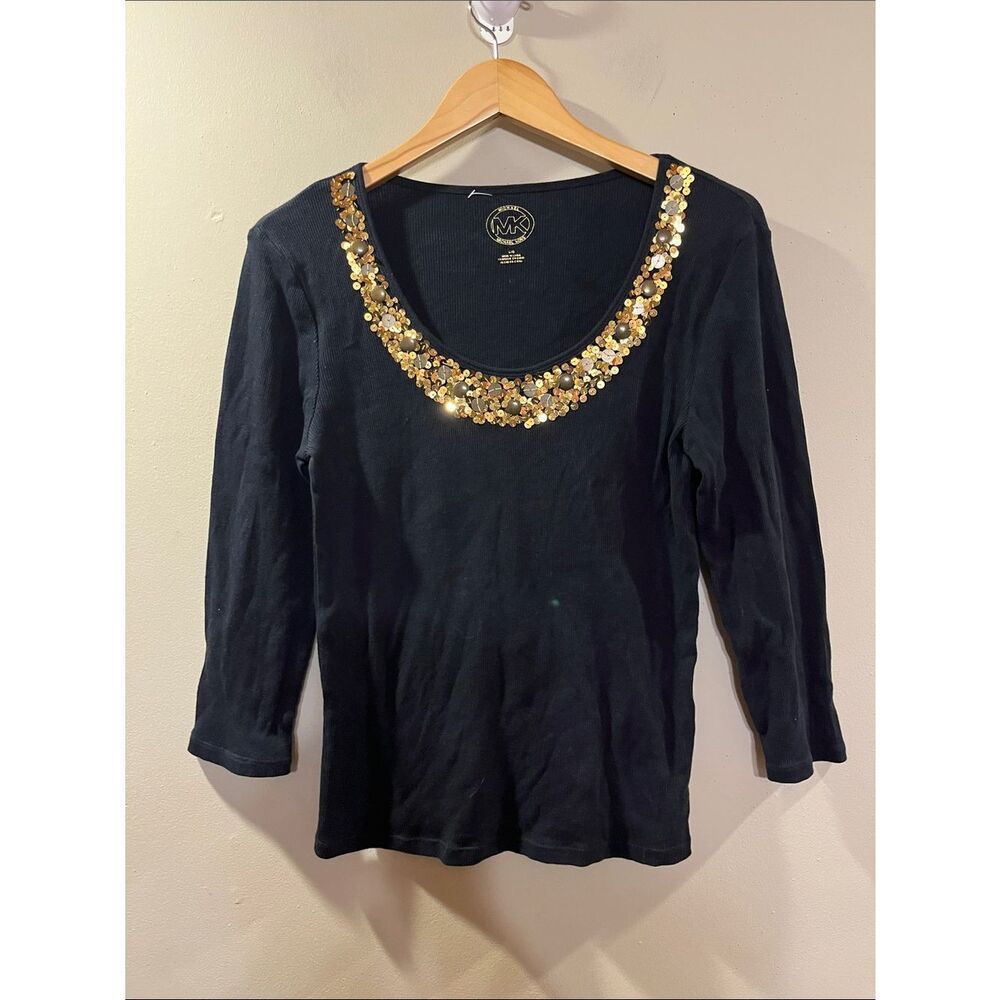 Michael Kors Black Long Sleeve Top with Gold Sequin Necklace Trim